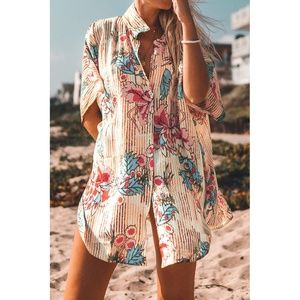 CUPSHE Striped Floral Buttoned Cover Up